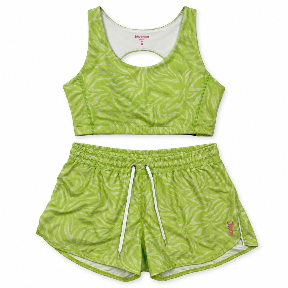 Juicy Couture Sport Activewear Set Women XL Green Zebra Print Bra and Shorts